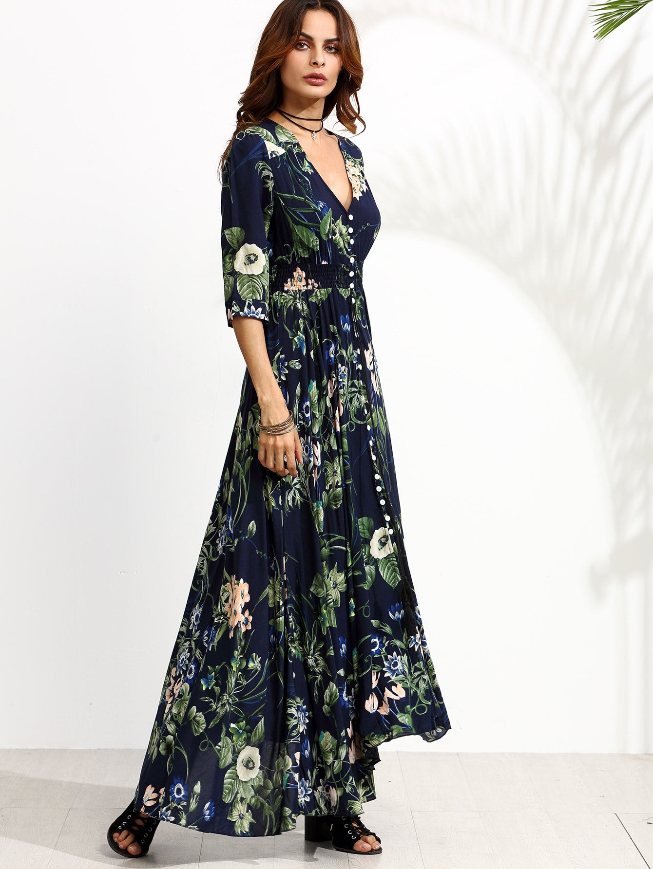 SHEIN Clasi Shirred Waist Button through Floral Maxi Dress