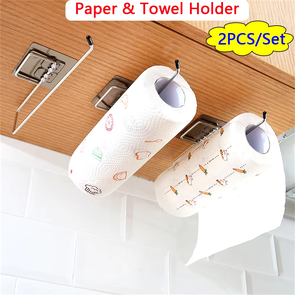 2PCS Adhesive Kitchen Paper Towel Holder Toilet Paper Rack Towel Hanger Tissue Dispenser Roll Napkin