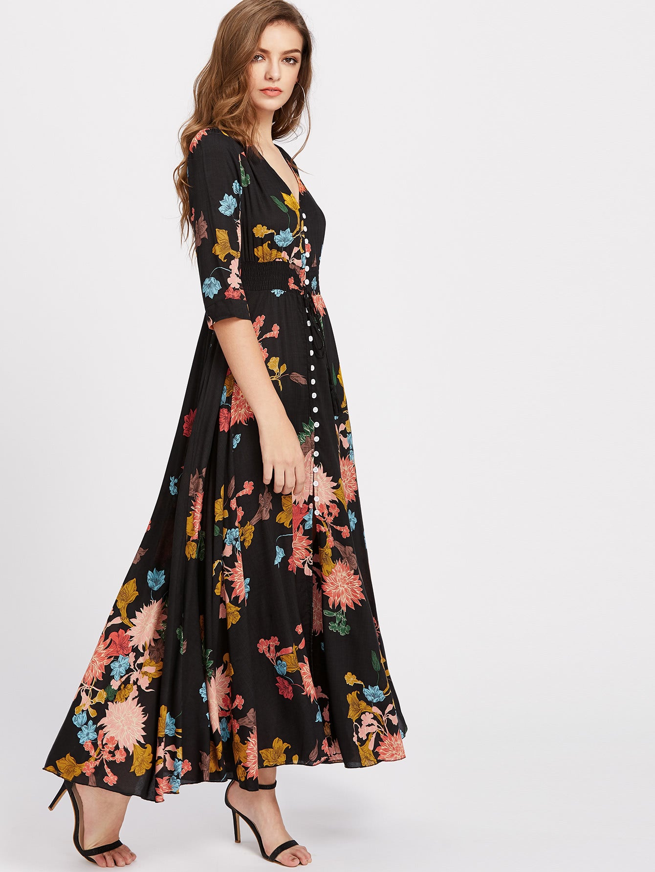 SHEIN Clasi Shirred Waist Button through Floral Maxi Dress