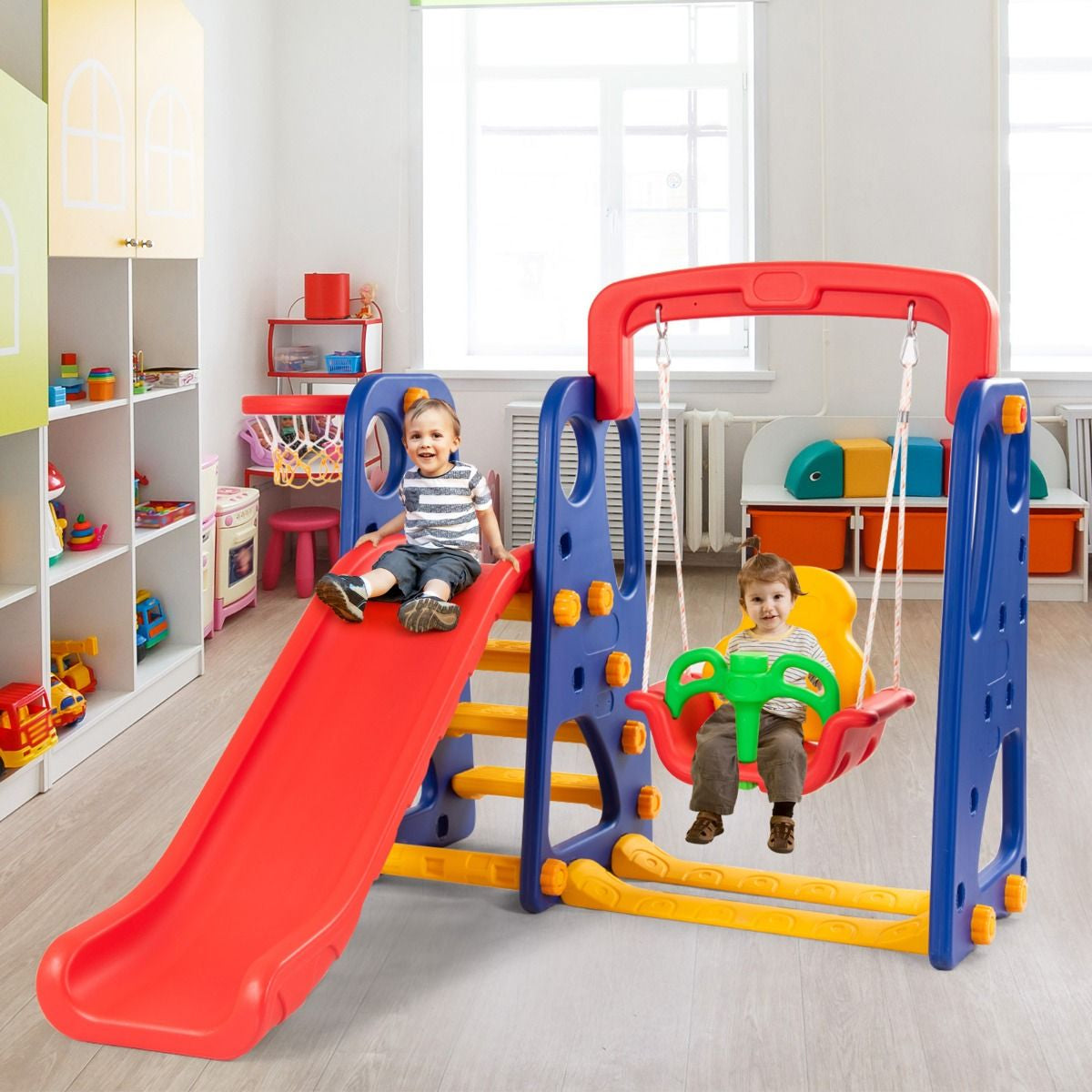 3 in 1 Toddler Slide and Swing Set with Basketball Hoop