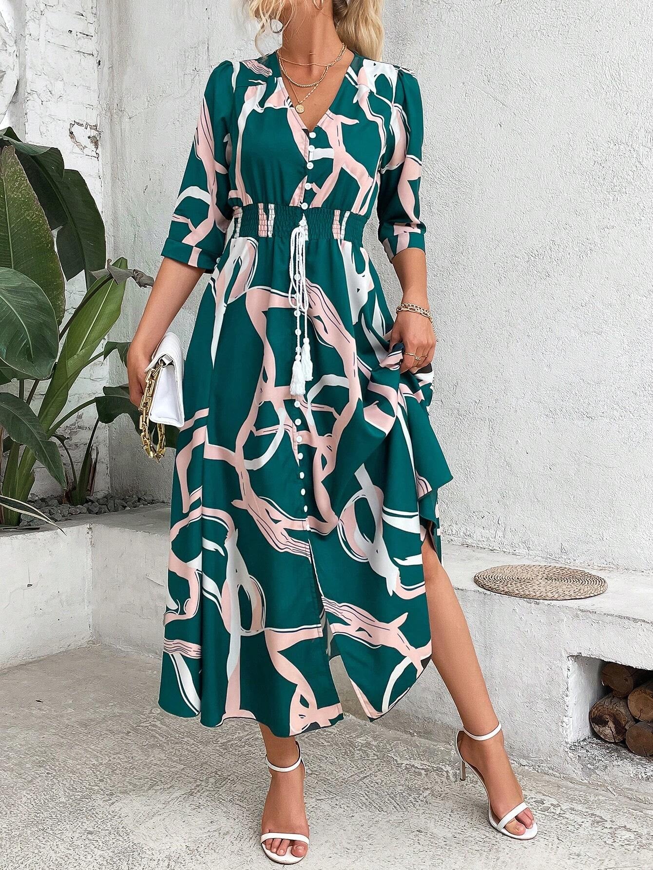 SHEIN Clasi Shirred Waist Button through Floral Maxi Dress