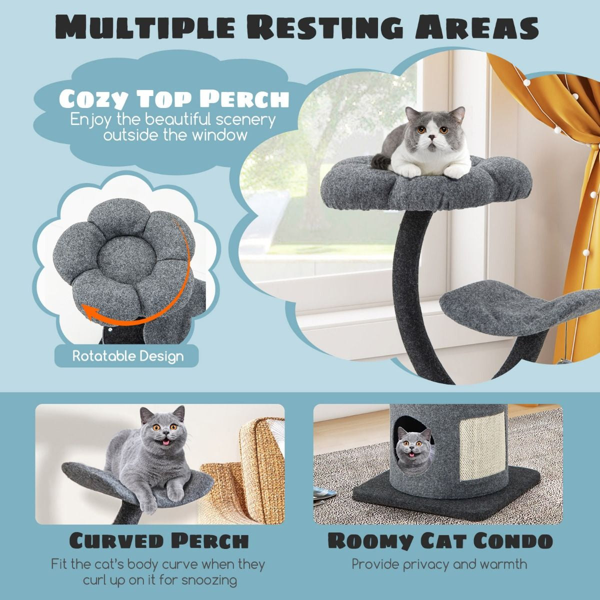 3-Tier Cat Tower for Indoor Cats with Sisal Covered Scratching Board