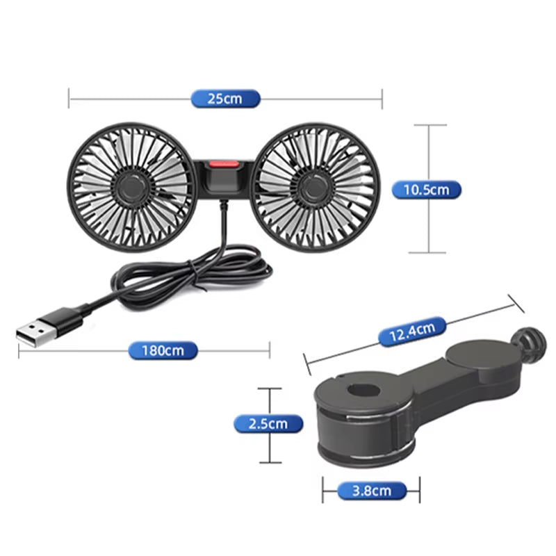 Cooling Car Fan Headrest Double Head Fans for Rear Seat 180Cm USB Cable Free-Adjustment 3-Speed Strong Wind Auto Fan