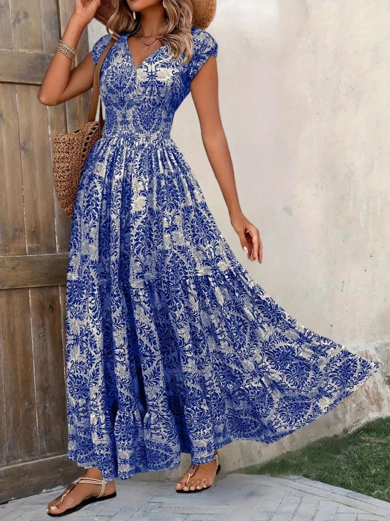 Printed V-neck Waist-tight Long Dress