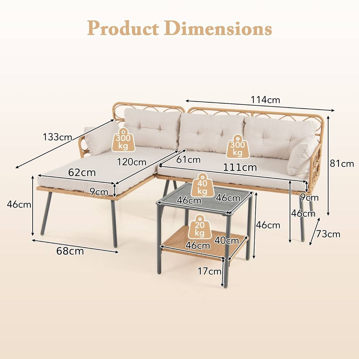 3 Pieces PE Rattan L-Shaped Corner Patio Furniture Sofa Set with Coffee Table