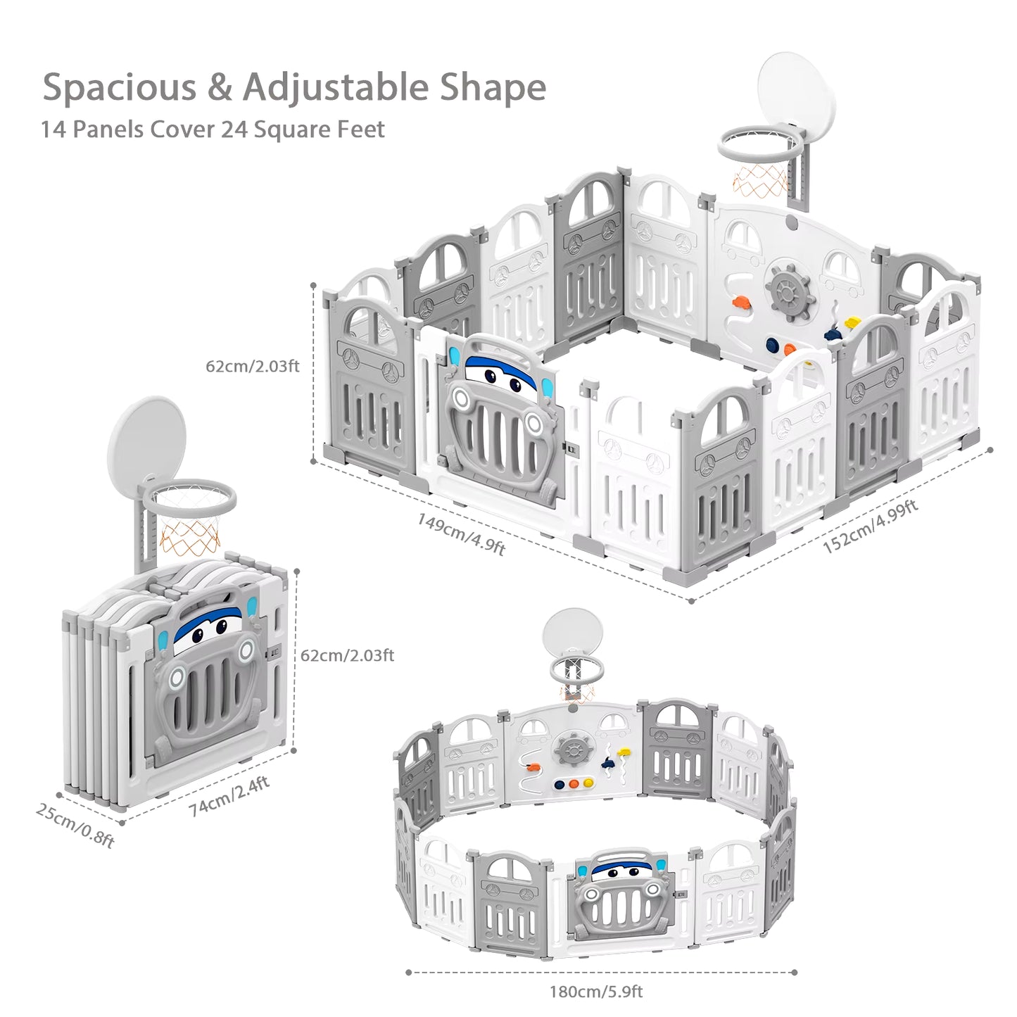 UBRAVOO Foldable Baby Playpen with Basketball Hoop & 50Pcs Coloured Pit Balls, Toddler and Baby Play Pen Fence, 14-Panel