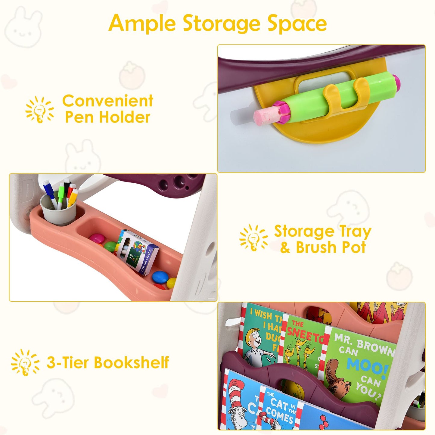 3-In-1 Kids Art Easel with Bookshelf Storage Tray and Art Accessories