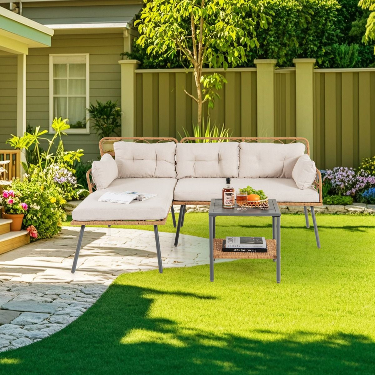 3 Pieces PE Rattan L-Shaped Corner Patio Furniture Sofa Set with Coffee Table