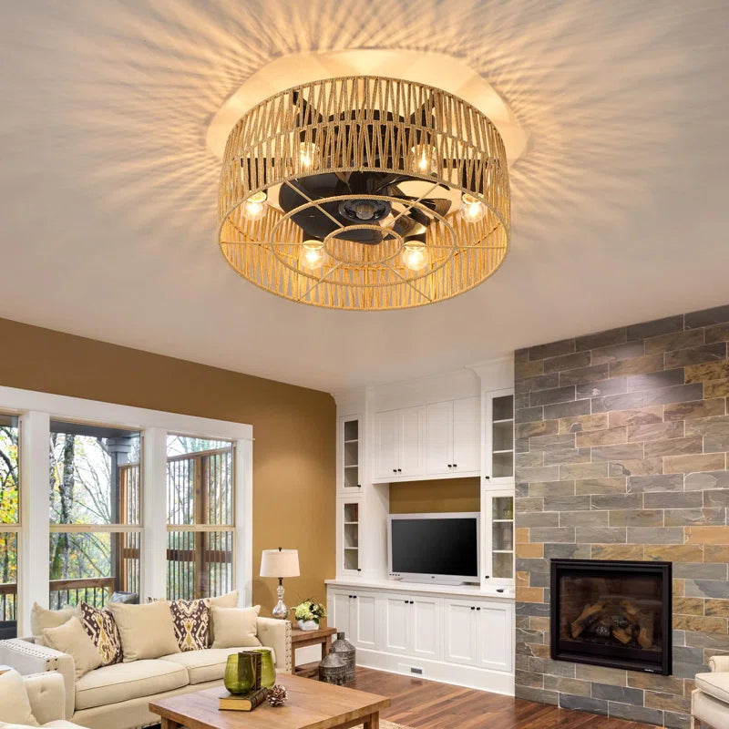 Socher 8 - Blade 48.5Cm Boho Rattan Caged Ceiling Fan with Light Kit and Remote Control