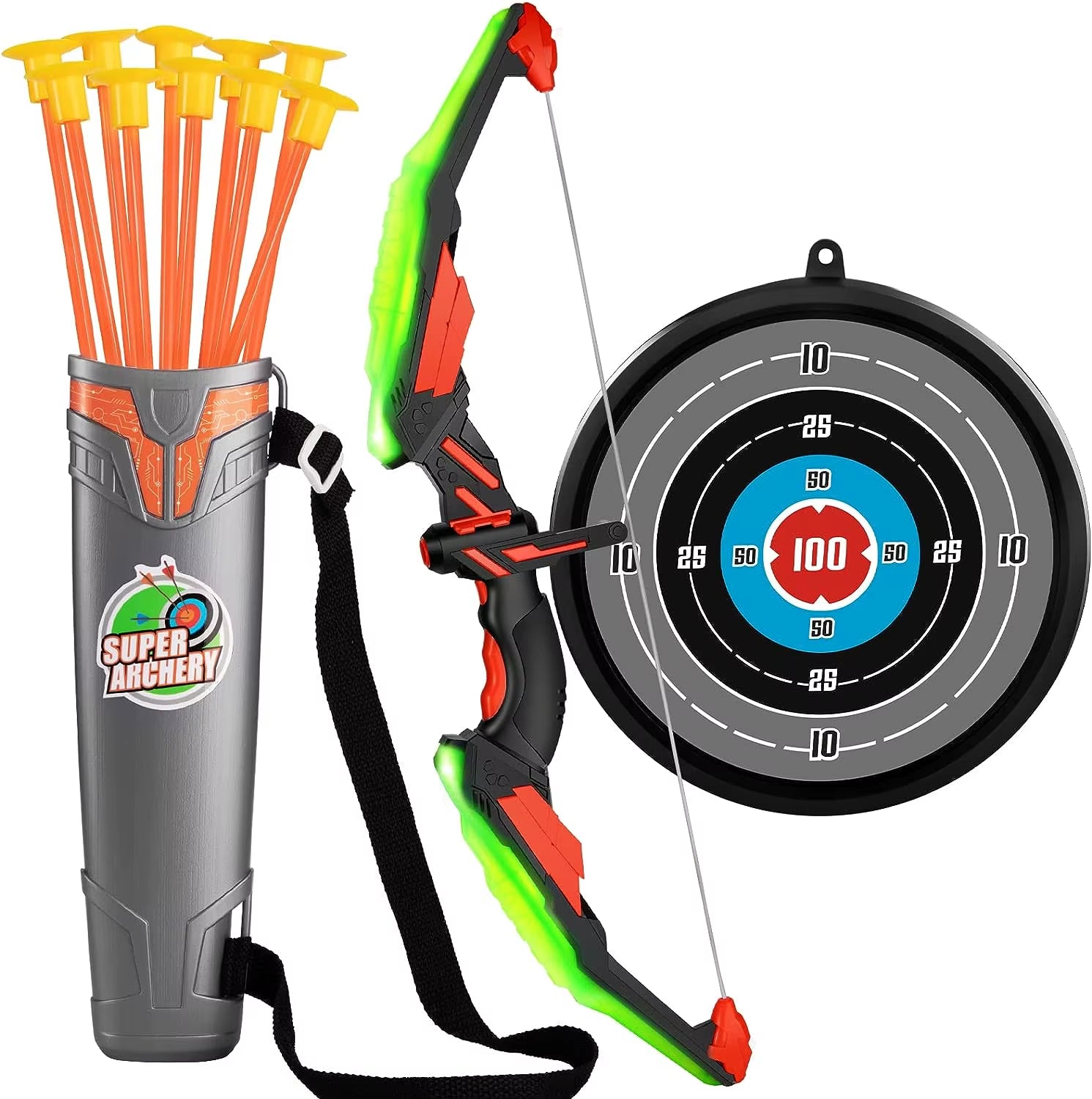 Kids Bow and Arrow Set, LED Light up Archery Toys Set for Kids Ages 4-8 8-12, with 10 Suction Cup Arrows, Target & Quiver, Boys