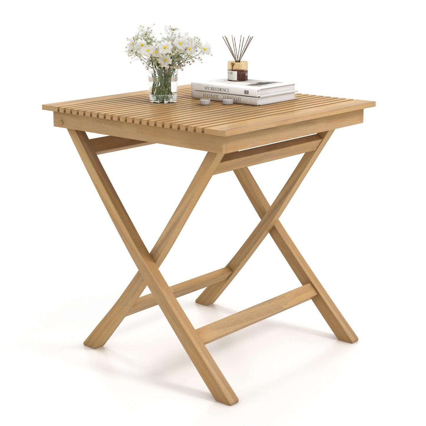 70 Cm Patio Bistro Table with Slatted Tabletop Sturdy Wood Frame