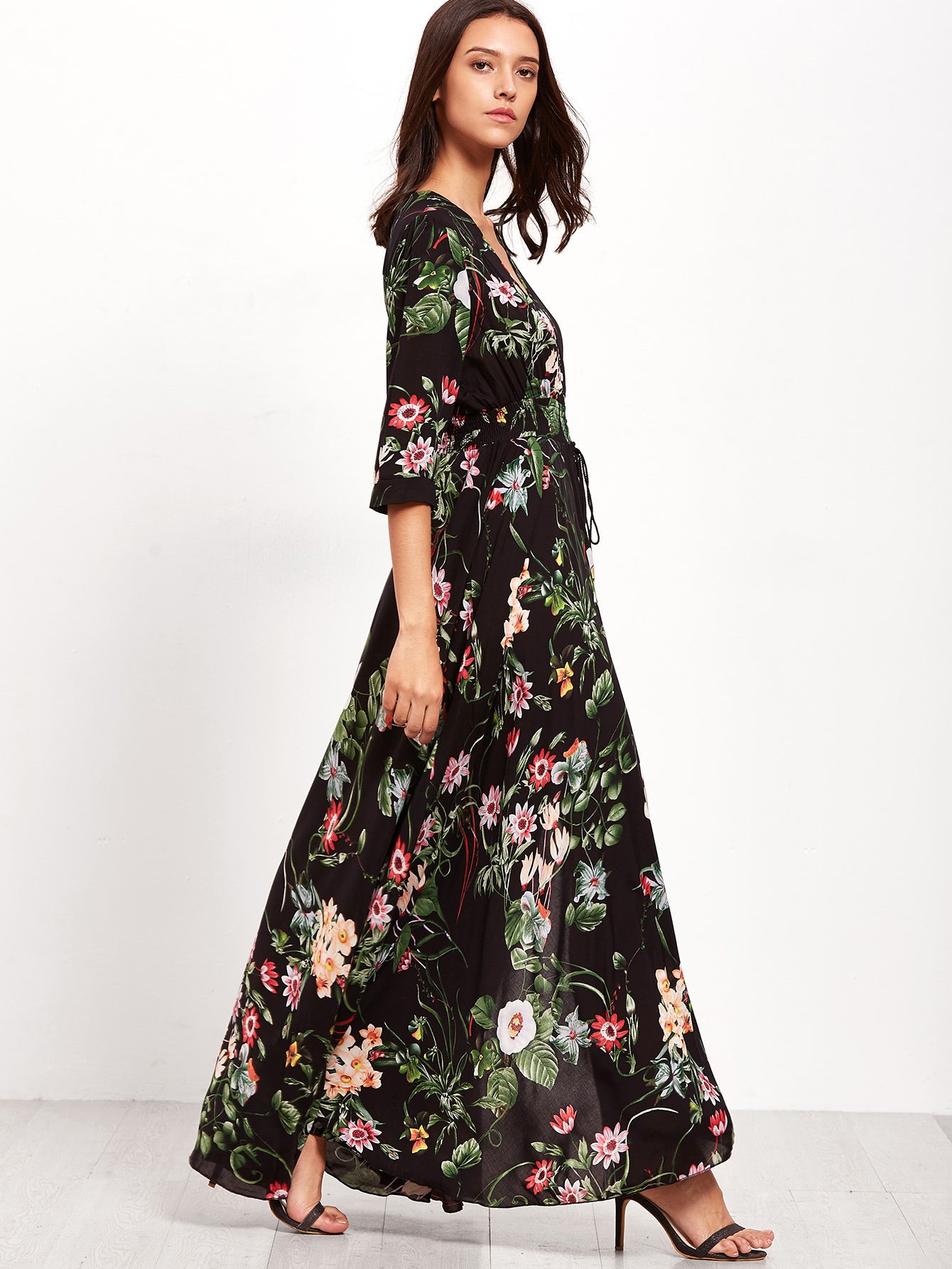 SHEIN Clasi Shirred Waist Button through Floral Maxi Dress