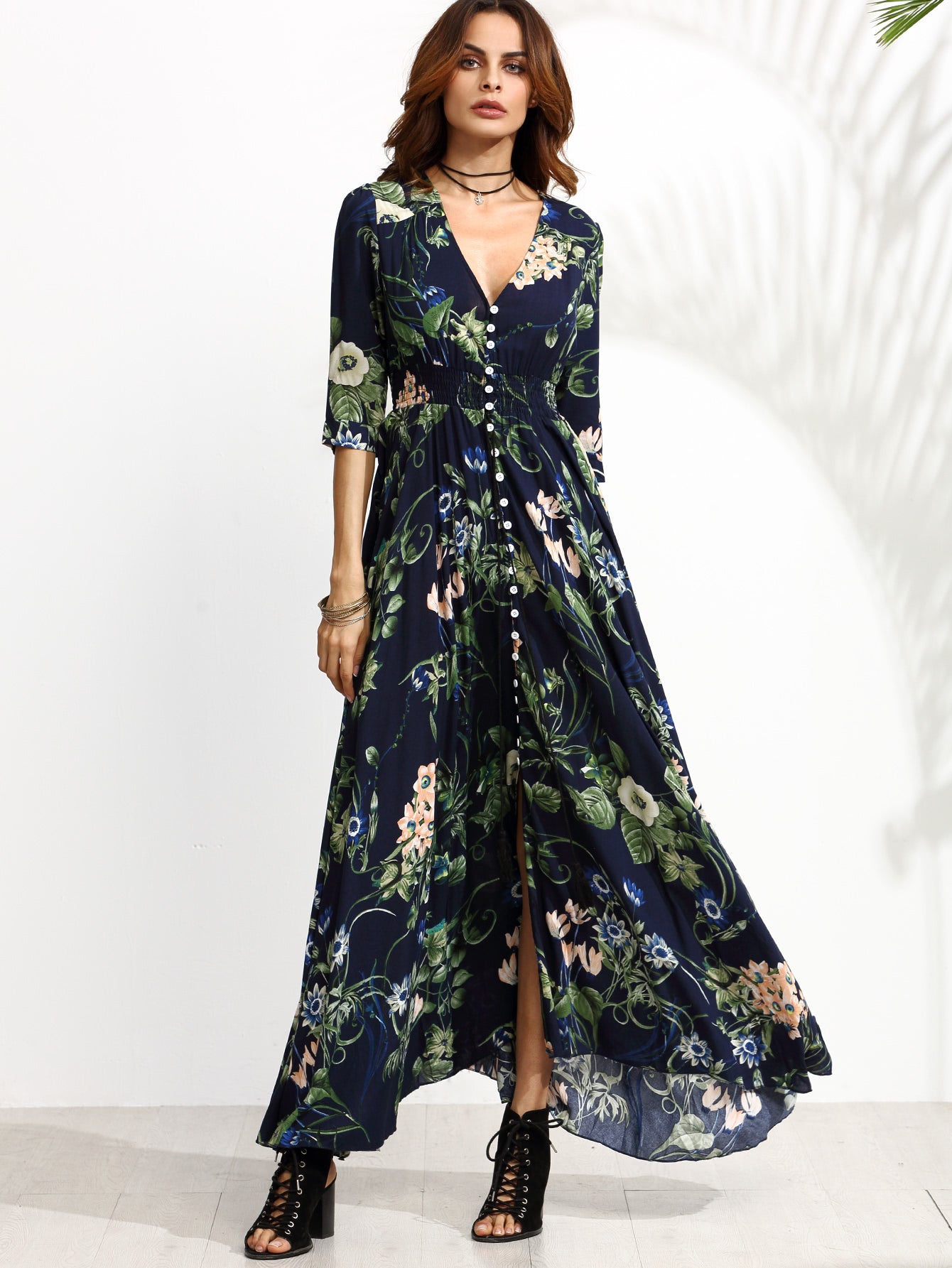 SHEIN Clasi Shirred Waist Button through Floral Maxi Dress