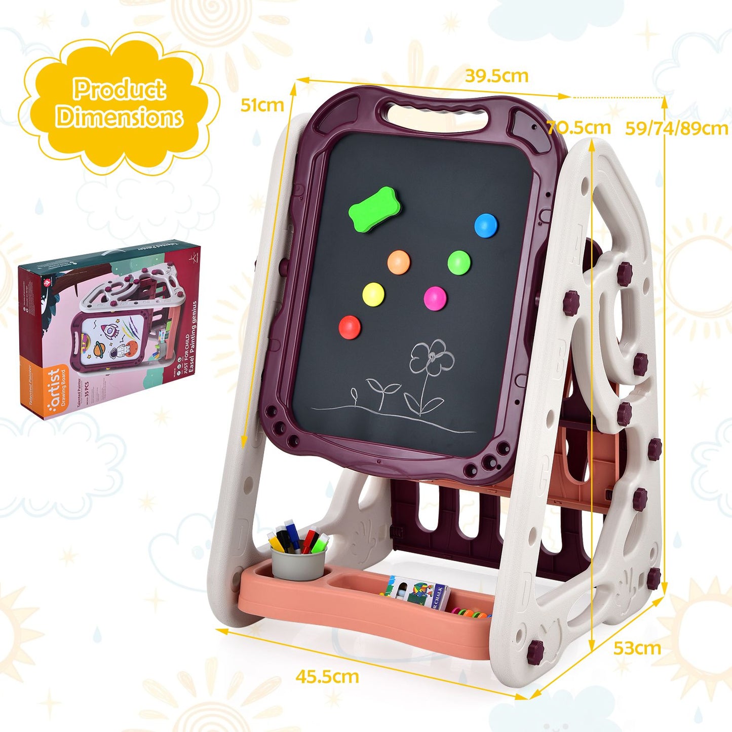3-In-1 Kids Art Easel with Bookshelf Storage Tray and Art Accessories