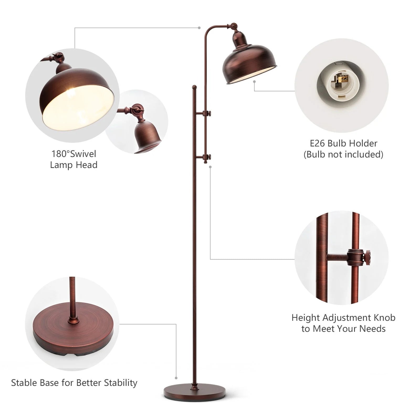 Industrial Floor Lamp with Adjustable Height and Lamp Head for Home Office