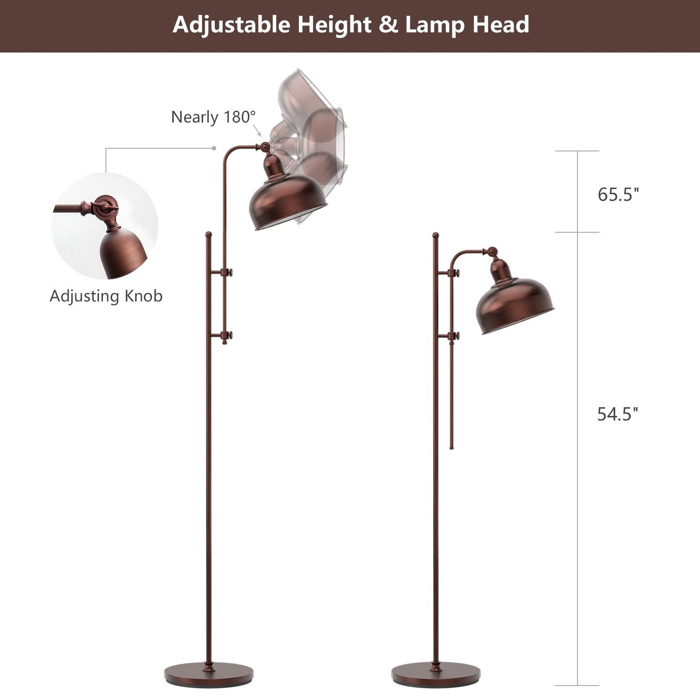 Industrial Floor Lamp with Adjustable Height and Lamp Head for Home Office