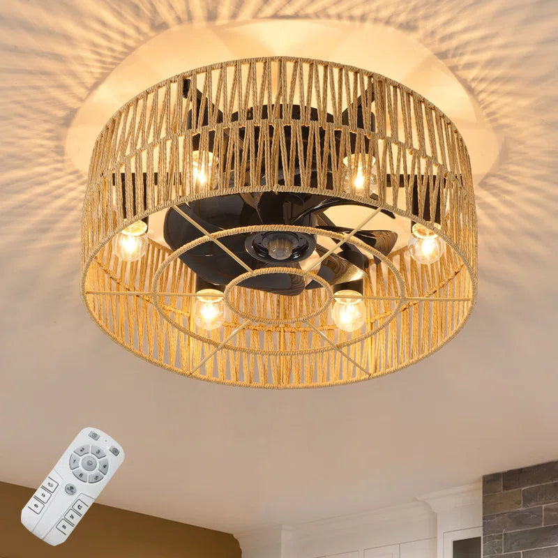 Socher 8 - Blade 48.5Cm Boho Rattan Caged Ceiling Fan with Light Kit and Remote Control