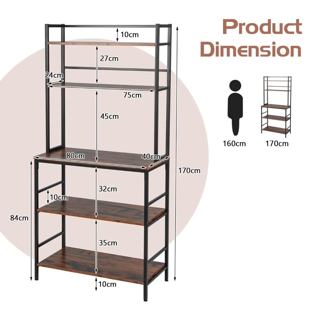 5-Tier Kitchen Bakers Rack with Hutch