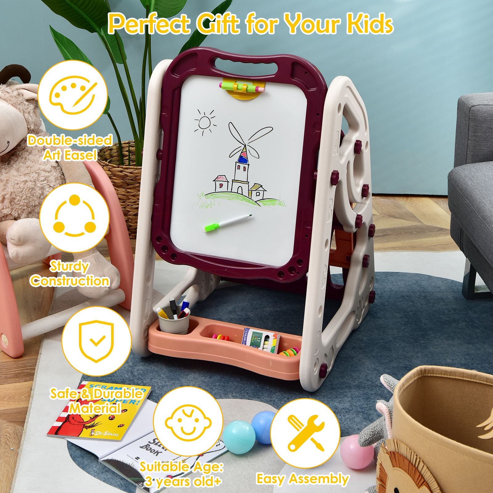 3-In-1 Kids Art Easel with Bookshelf Storage Tray and Art Accessories