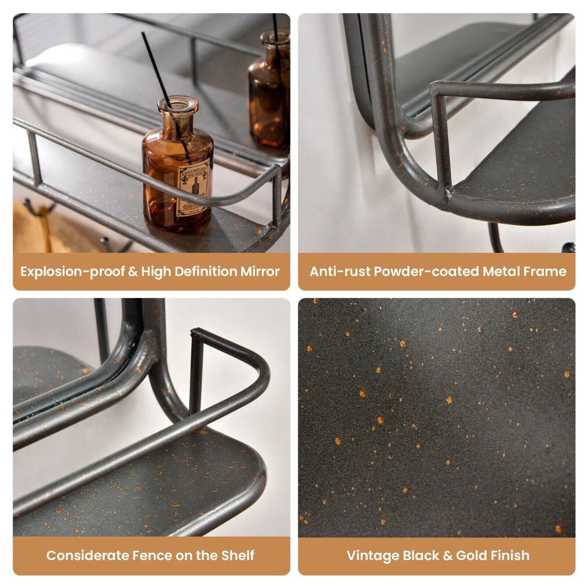 Wall-Mounted Rectangular Bathroom Mirror with Storage Shelf and Hooks