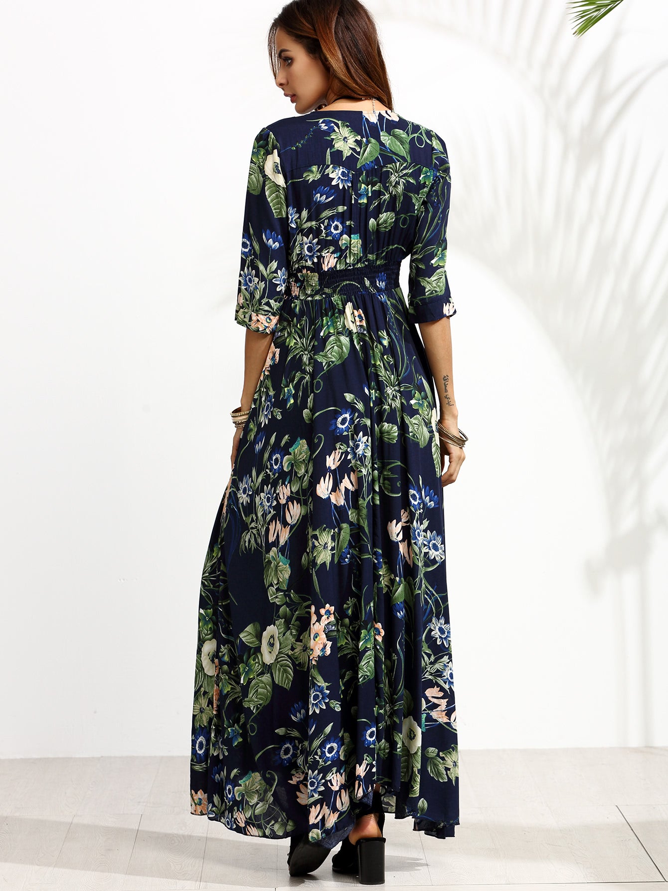 SHEIN Clasi Shirred Waist Button through Floral Maxi Dress