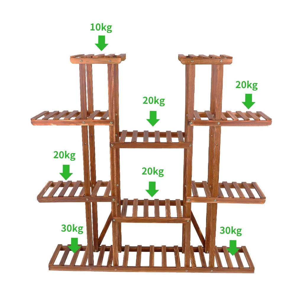 Large 11 Tiered Wood Plant Stand Carbonized High Widen Pot Shelf Holder Flower Shop Office Garden Indoor Outdoor
