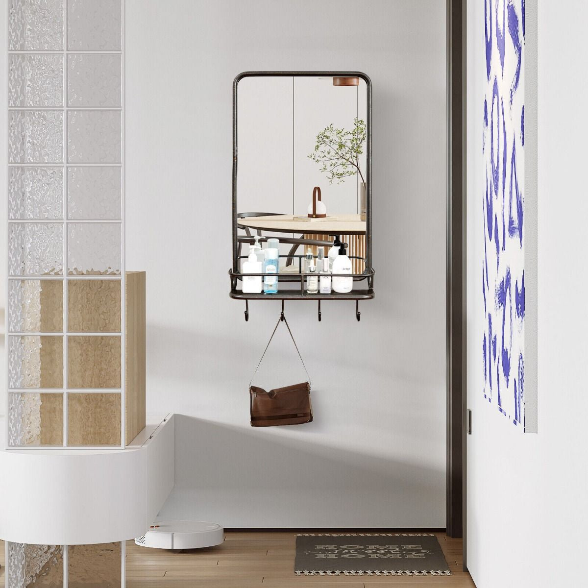 Wall-Mounted Rectangular Bathroom Mirror with Storage Shelf and Hooks