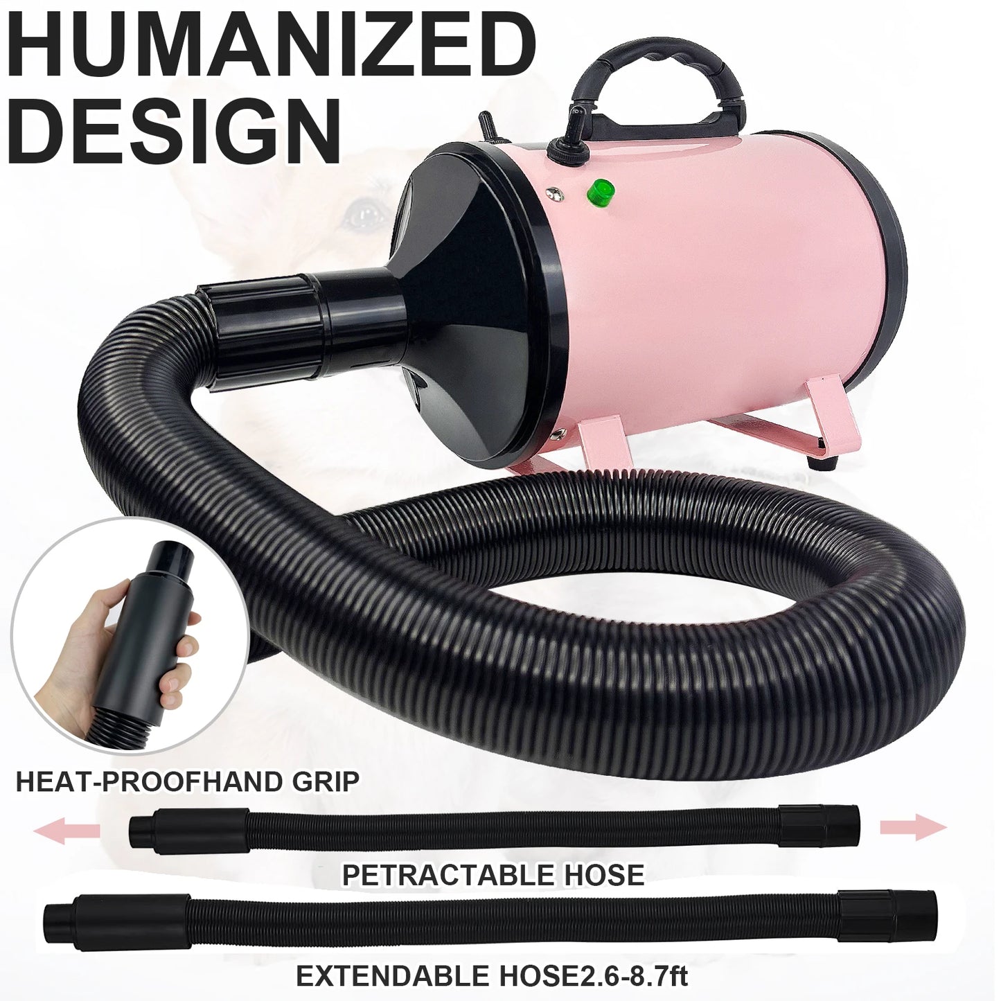 Dog Hair Dryer Professional 2800W Low Noise with 3 Nozzles & Extendable Hose Animal Hairdryer Grooming Blaster