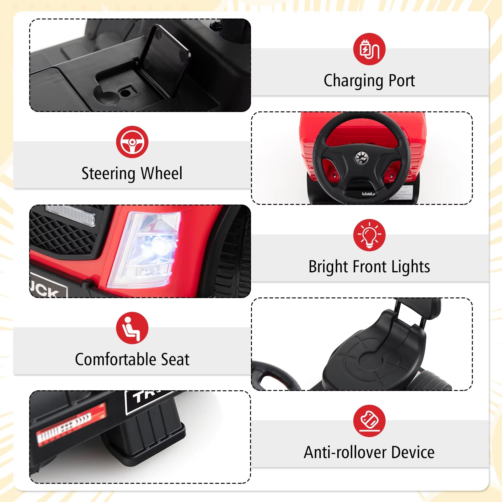 COSTWAY Electric Ride on Truck, 6V Battery Powered Toy Car with Height Adjustable Seat, LED Lights, Music & Horn, Foot to Floor Slider for Boys Girls (White/Red)