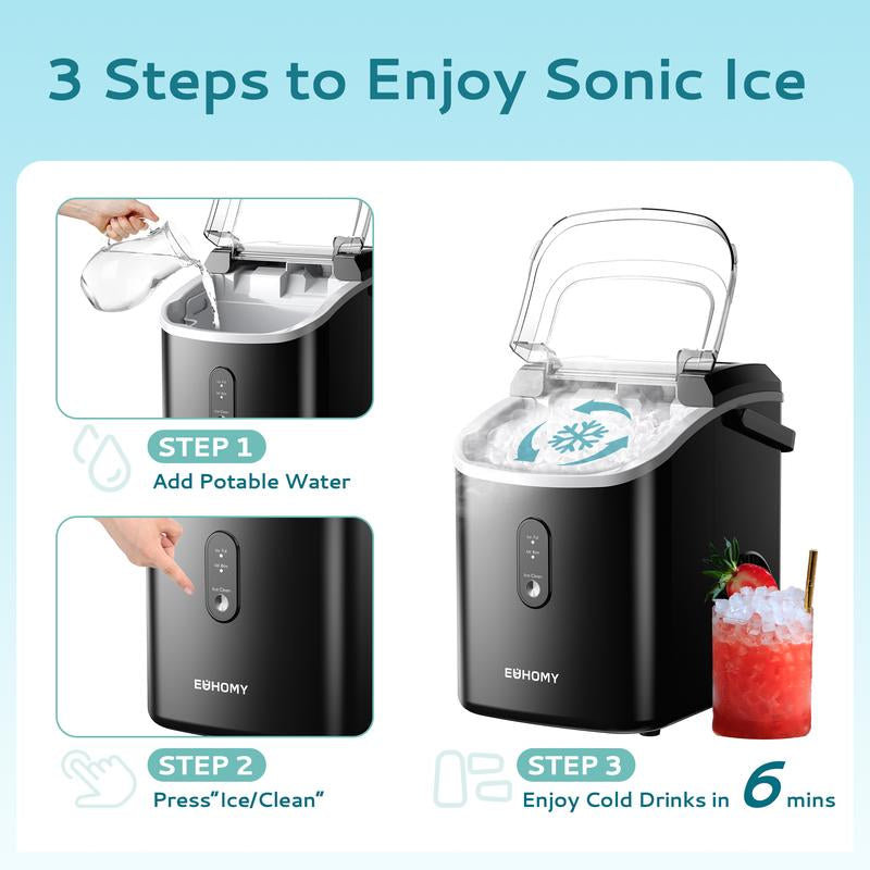 EUHOMY Nugget Ice Maker Countertop with Handle, Ready in 6 Mins, 33Lbs/24H, Removable Top Cover, Auto-Cleaning, Portable Pebble Ice Maker with Basket and Scoop, for Home/Kitchen/Party/Camping