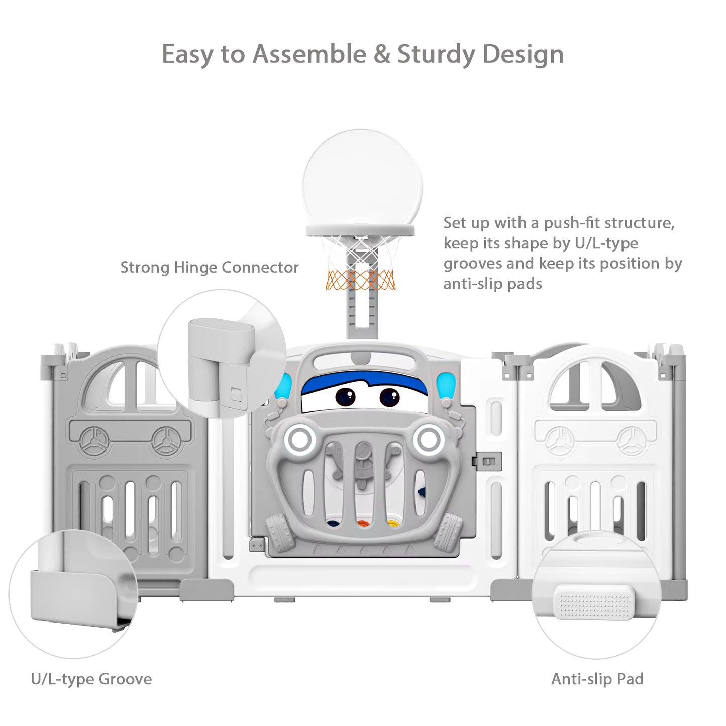 UBRAVOO Foldable Baby Playpen with Basketball Hoop & 50Pcs Coloured Pit Balls, Toddler and Baby Play Pen Fence, 14-Panel