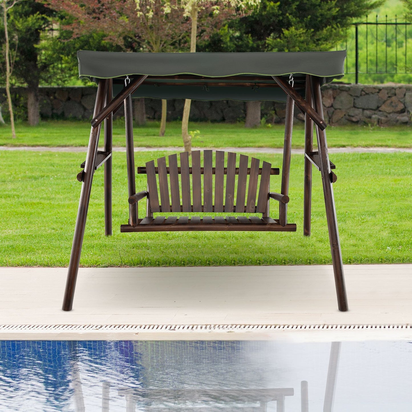 2-Person Wooden Garden Swing Chair with Adjustable Canopy and Side Trays