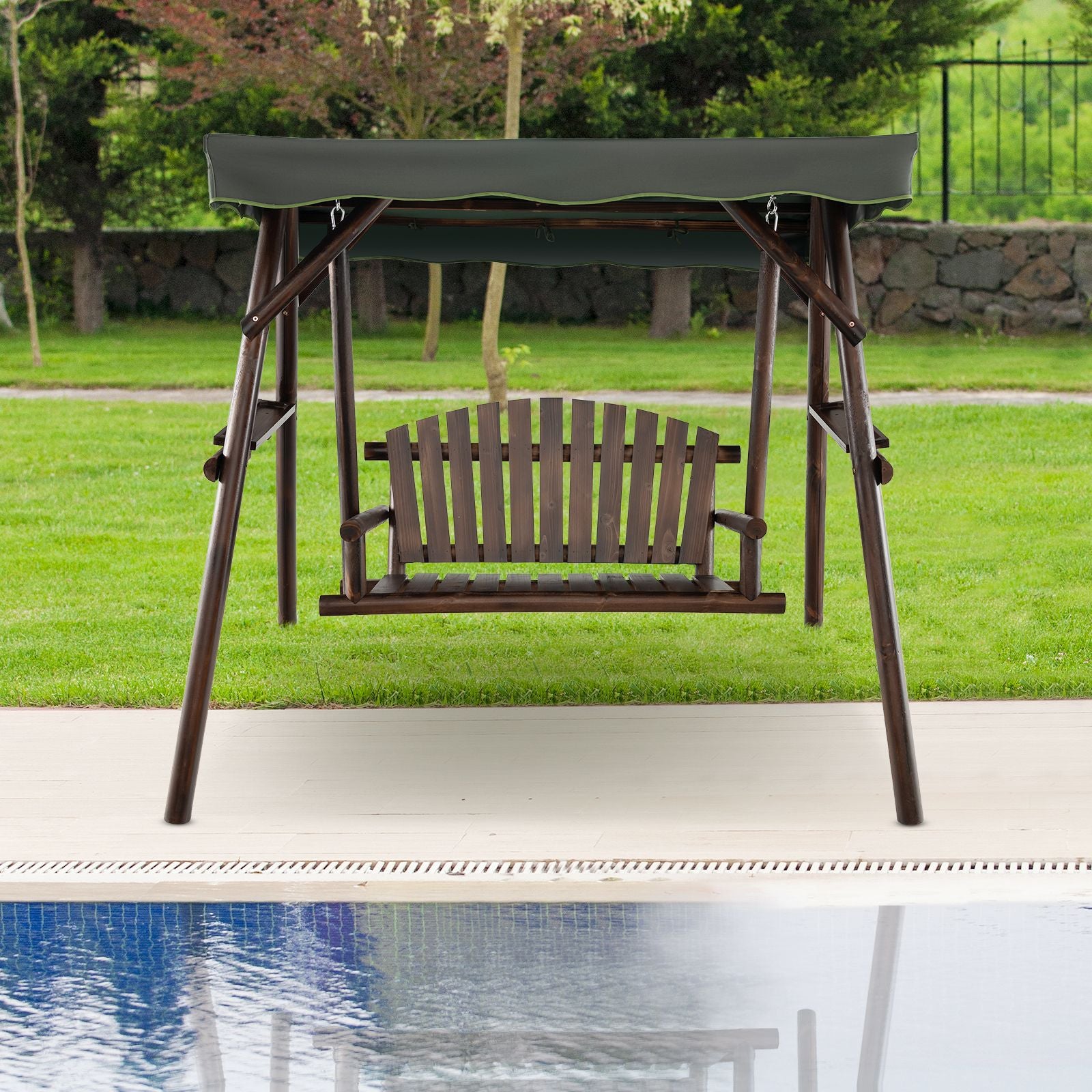 2-Person Wooden Garden Swing Chair with Adjustable Canopy and Side Trays