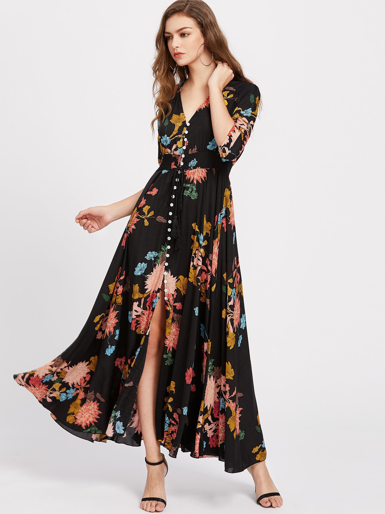 SHEIN Clasi Shirred Waist Button through Floral Maxi Dress