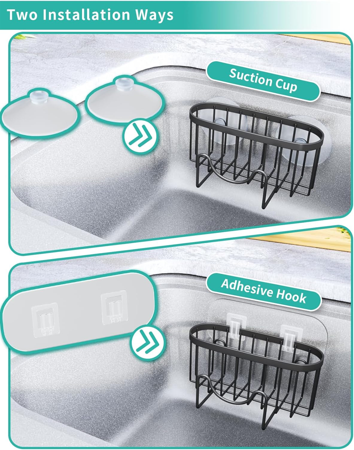 Stainless Steel Sponge Holder for Kitchen Sink, M-Shaped Tidy Storage No Drilling, Rustproof Caddy Organiser for Sponge Brush Stopper, with 2 Adhesives