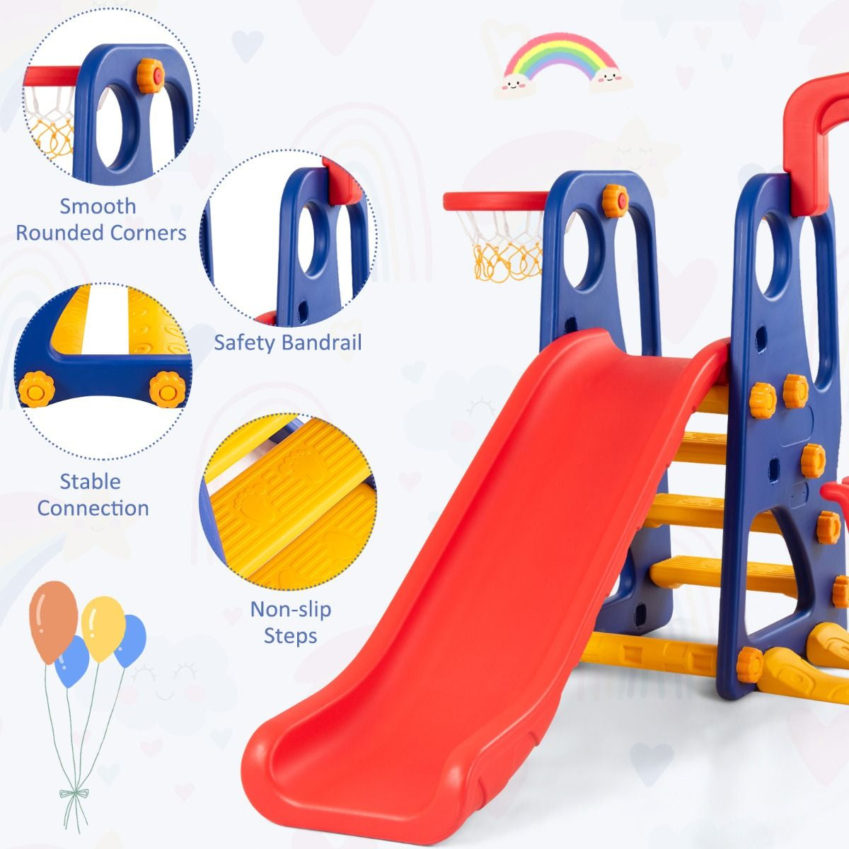 3 in 1 Toddler Slide and Swing Set with Basketball Hoop