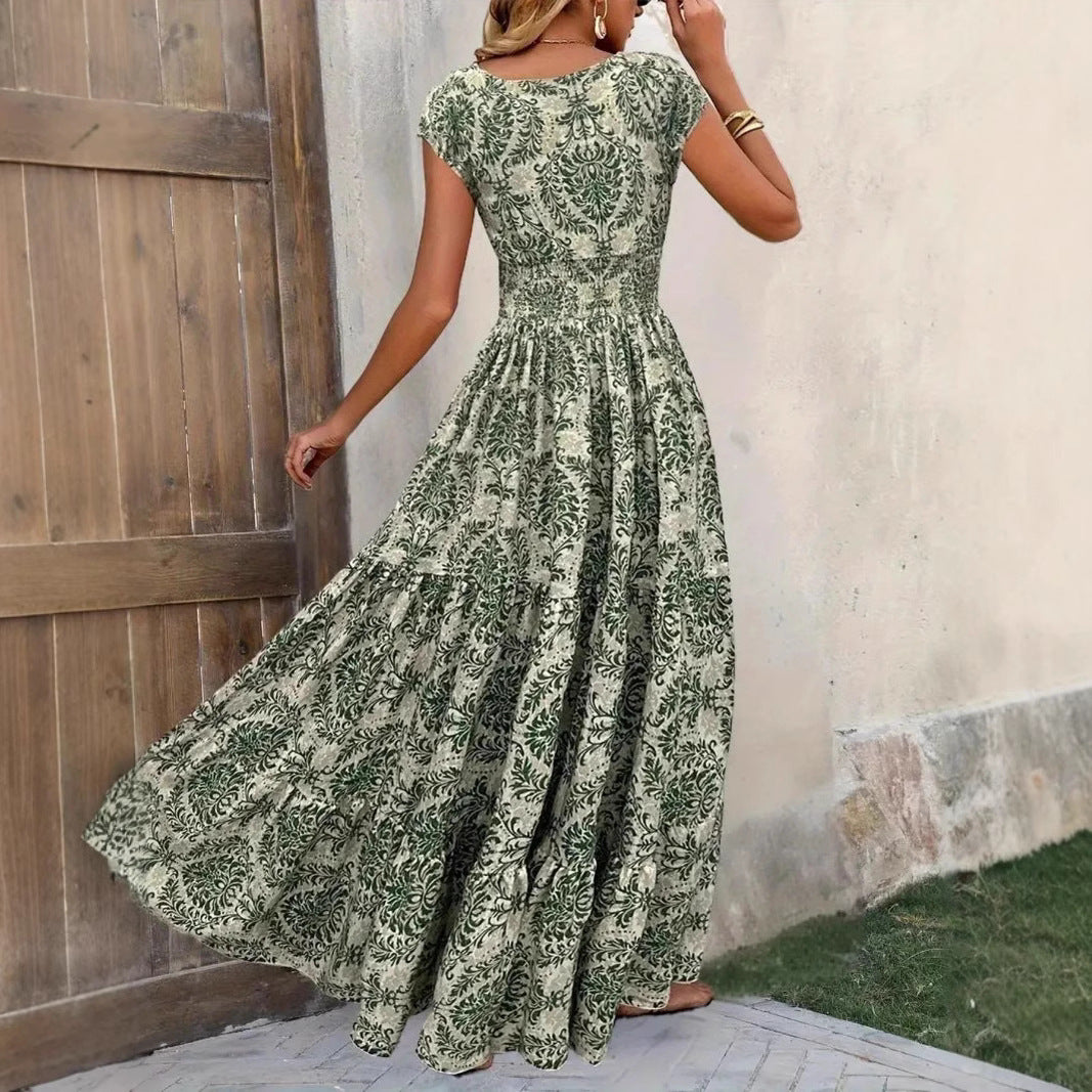 Printed V-neck Waist-tight Long Dress