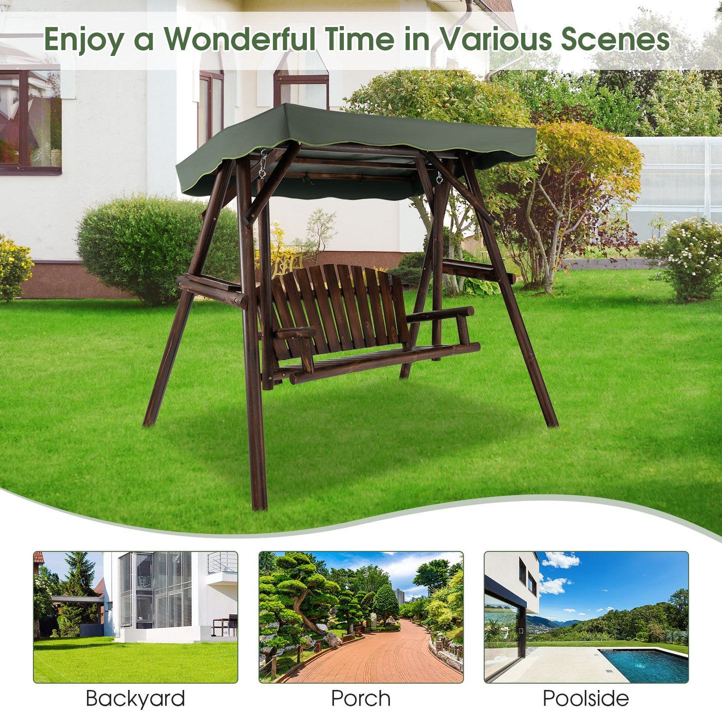 2-Person Wooden Garden Swing Chair with Adjustable Canopy and Side Trays