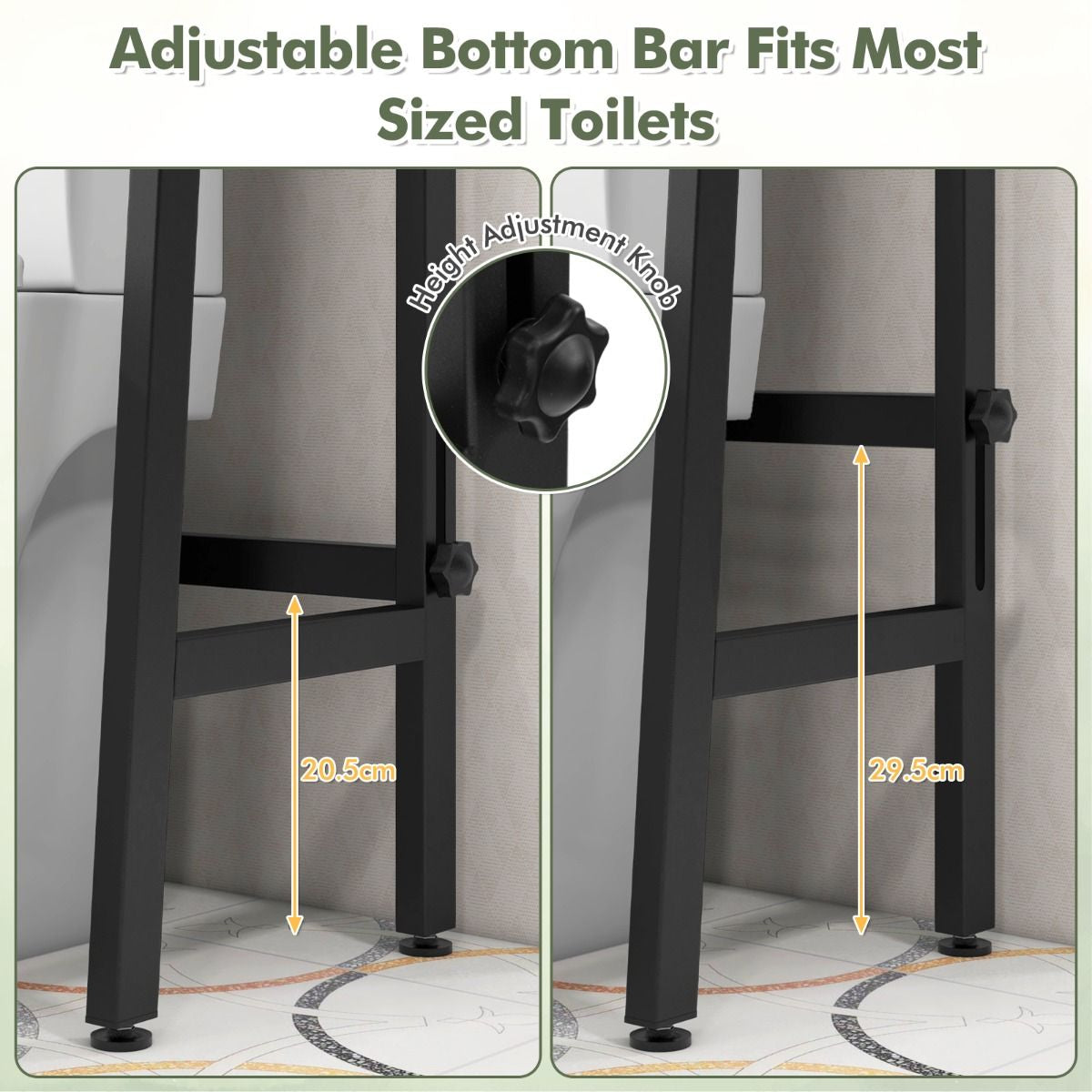 Over the Toilet Storage Shelf with Adjustable Adjustable Bottom Bar