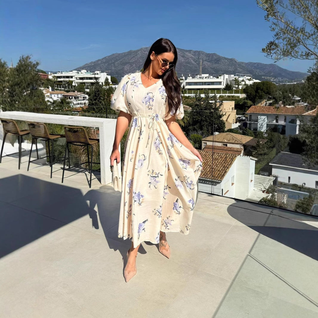 New V-neck Puff Sleeve Printed Lace-up Large Swing Dress
