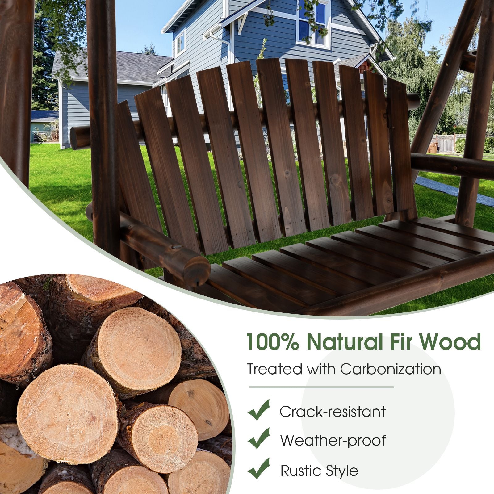2-Person Wooden Garden Swing Chair with Adjustable Canopy and Side Trays