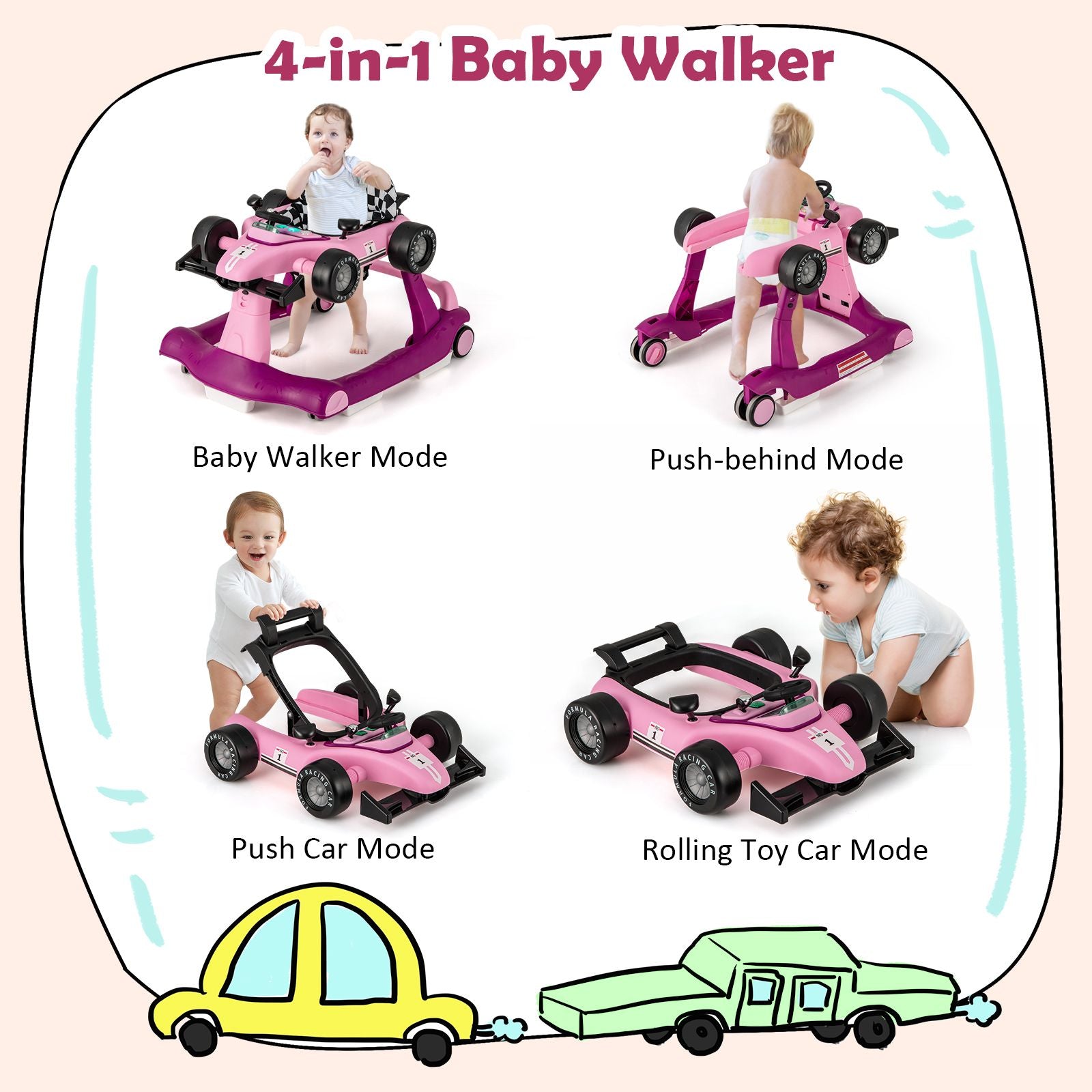 4-In-1 Baby Push Walker with Adjustable Height and Speed