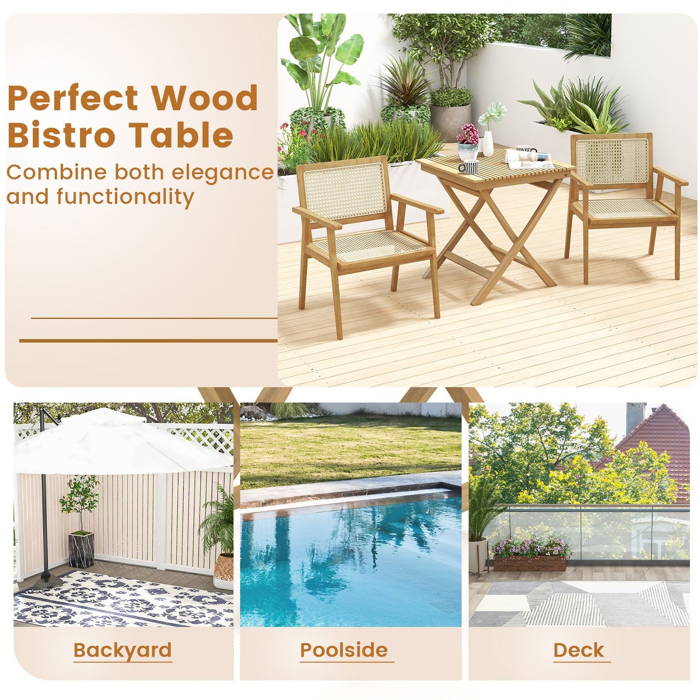 70 Cm Patio Bistro Table with Slatted Tabletop Sturdy Wood Frame