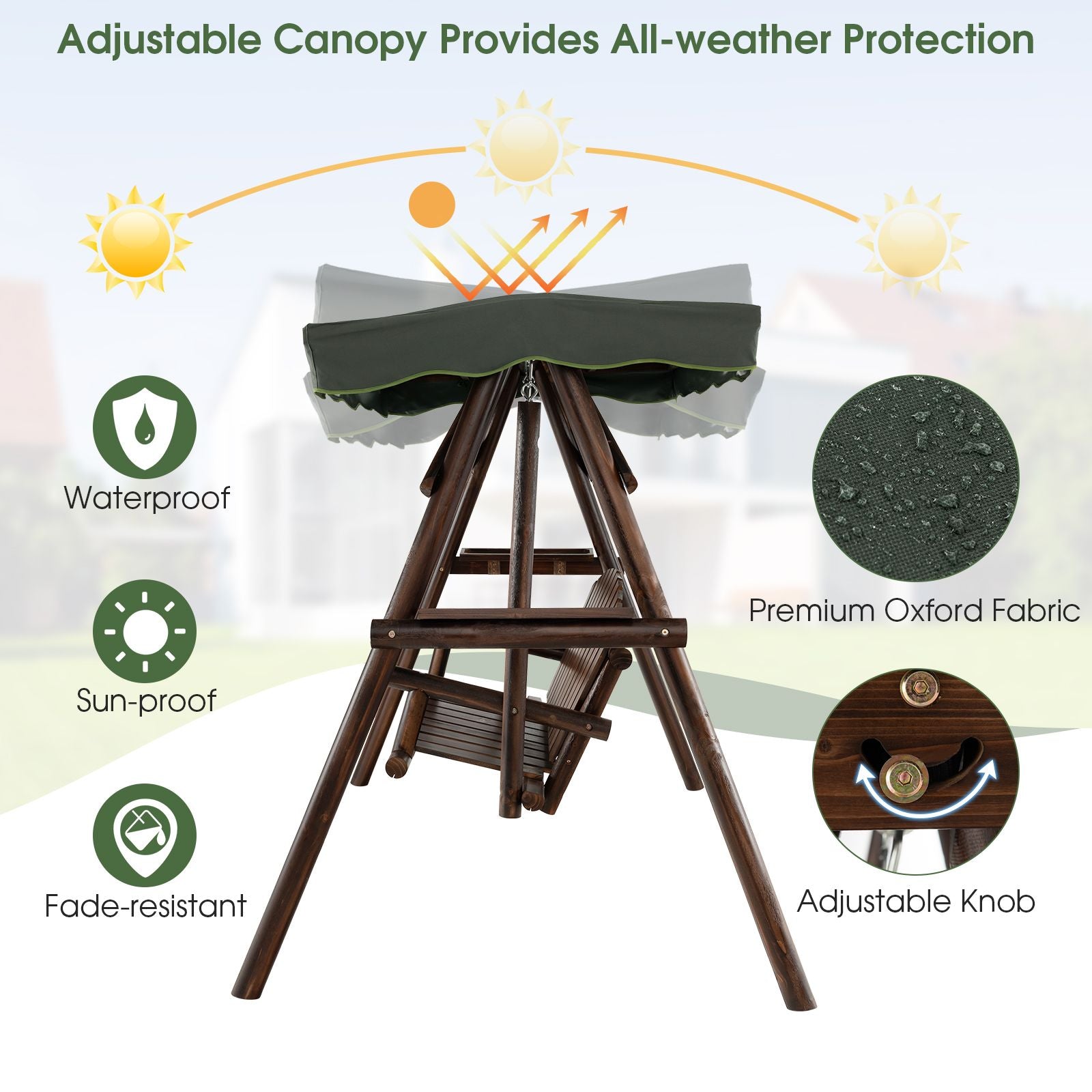 2-Person Wooden Garden Swing Chair with Adjustable Canopy and Side Trays