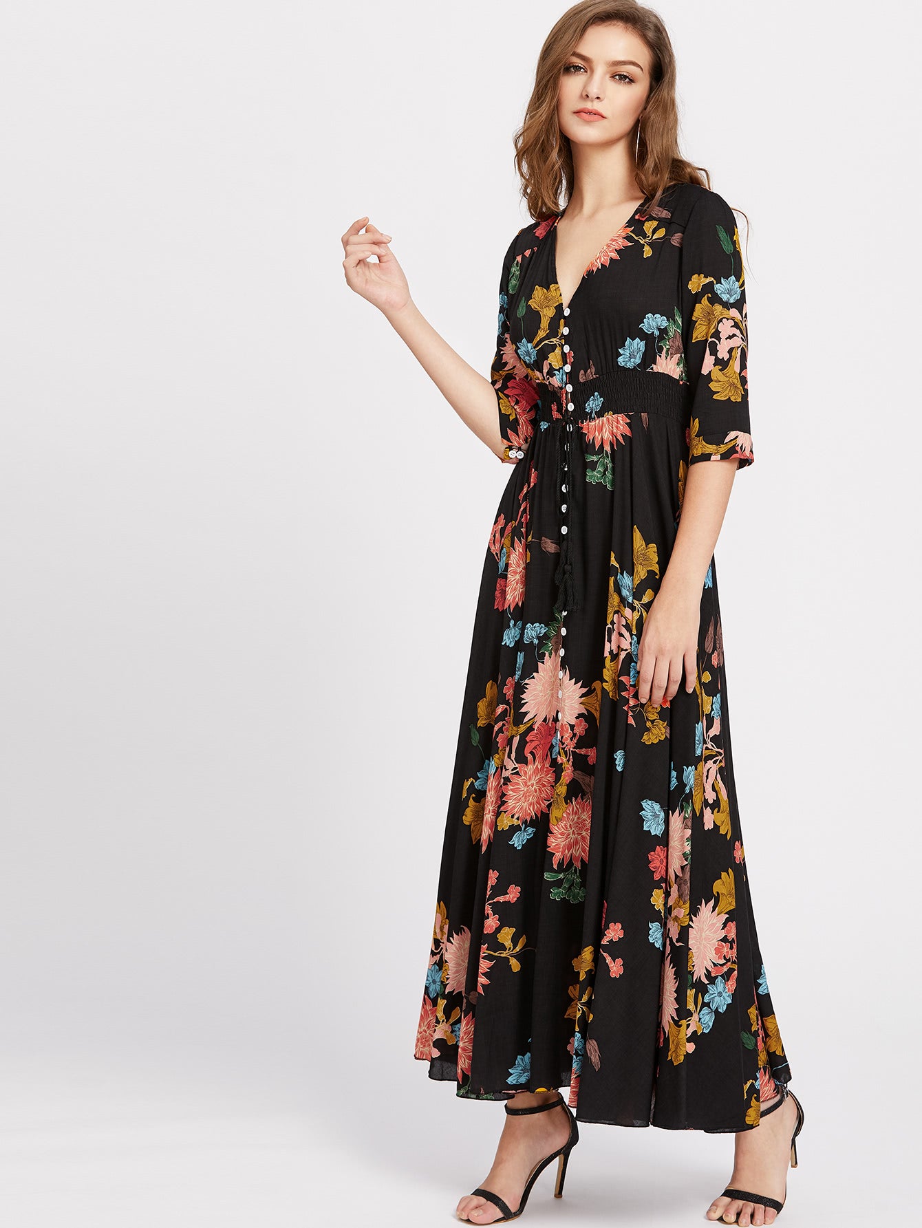 SHEIN Clasi Shirred Waist Button through Floral Maxi Dress