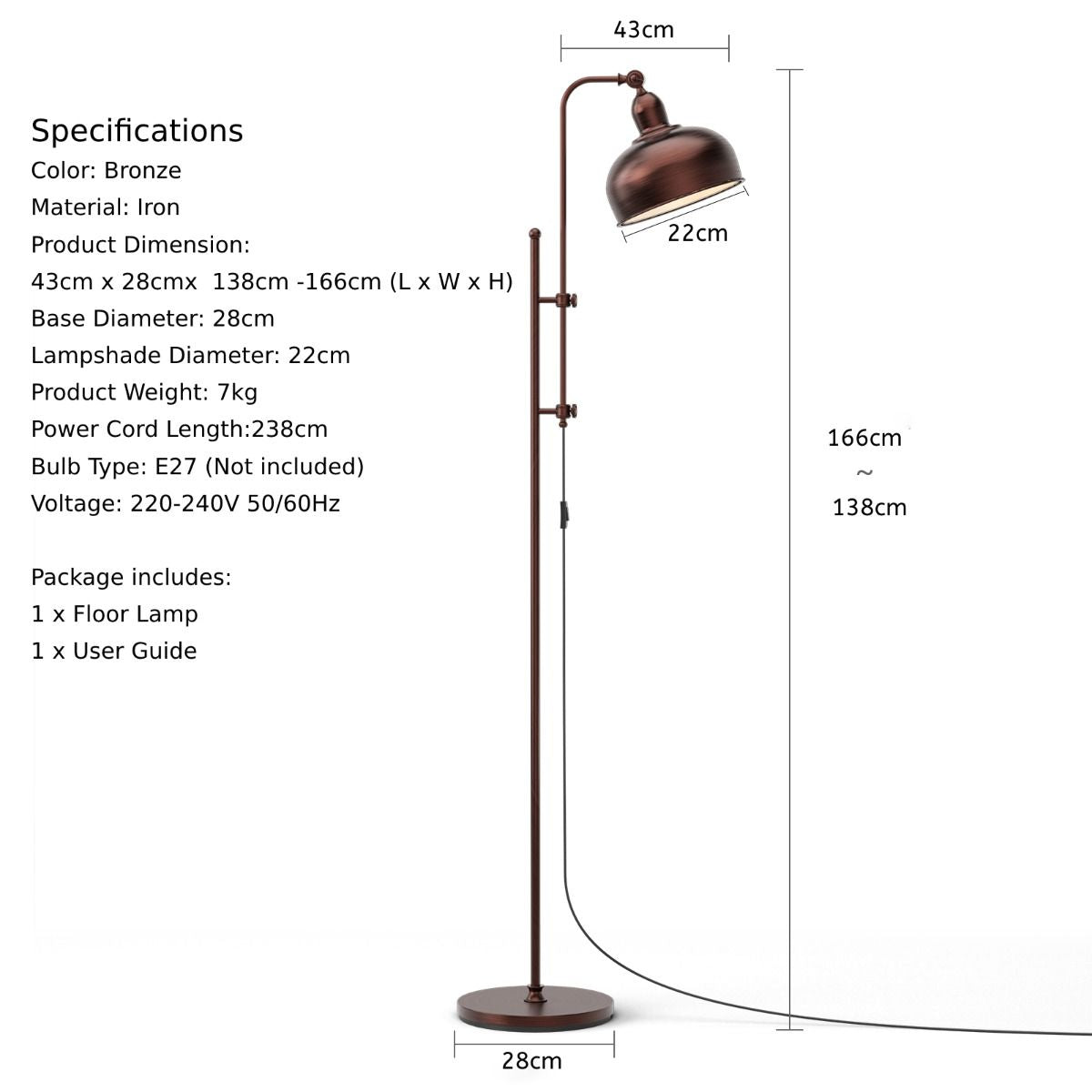 Industrial Floor Lamp with Adjustable Height and Lamp Head for Home Office