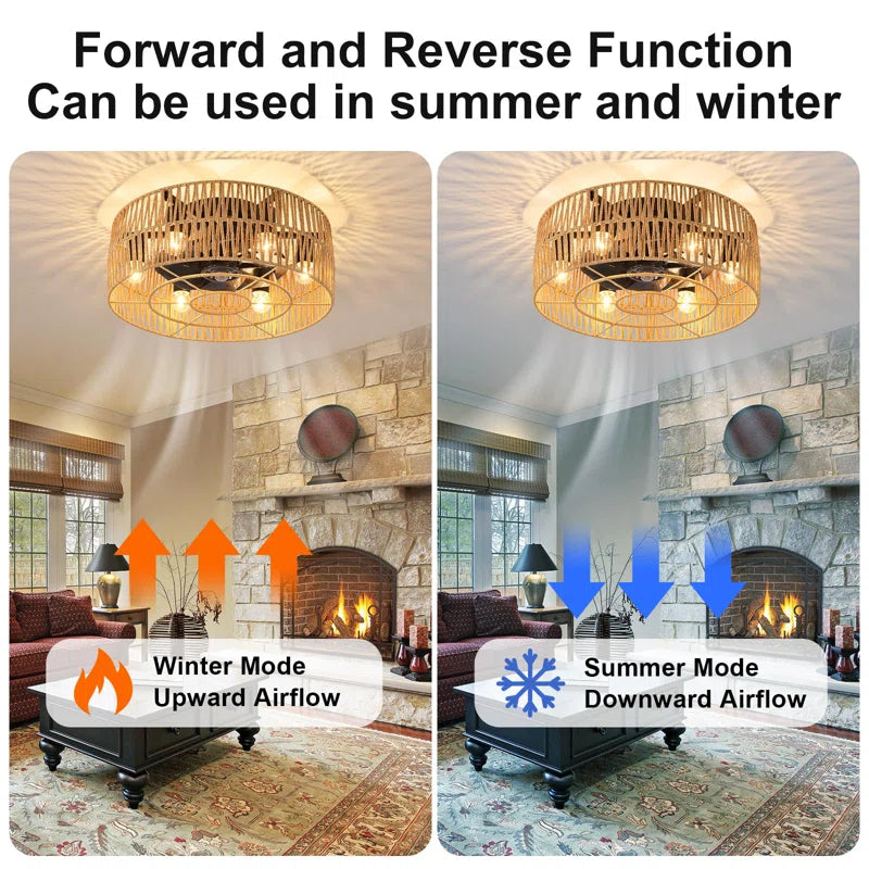 Socher 8 - Blade 48.5Cm Boho Rattan Caged Ceiling Fan with Light Kit and Remote Control