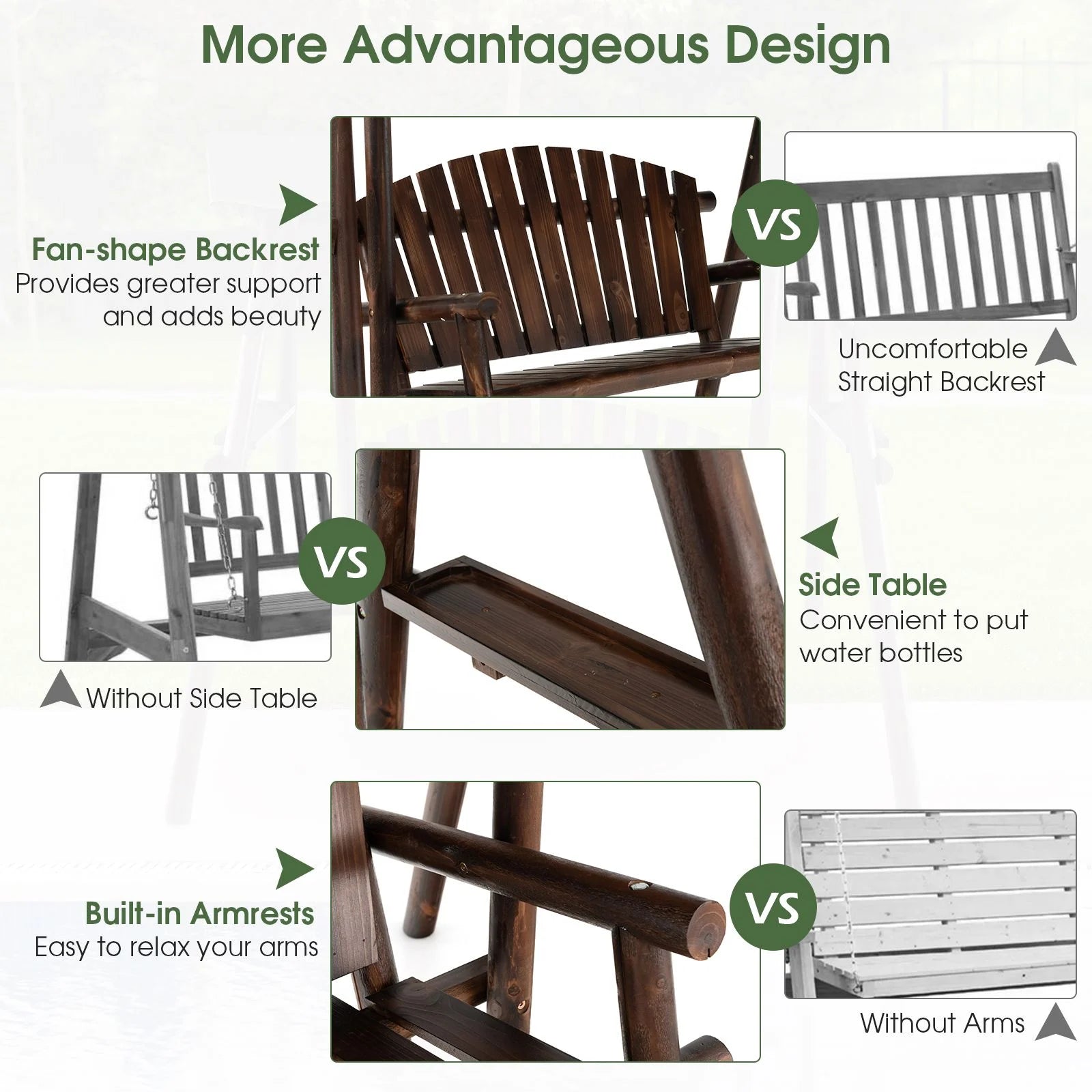 2-Person Wooden Garden Swing Chair with Adjustable Canopy and Side Trays