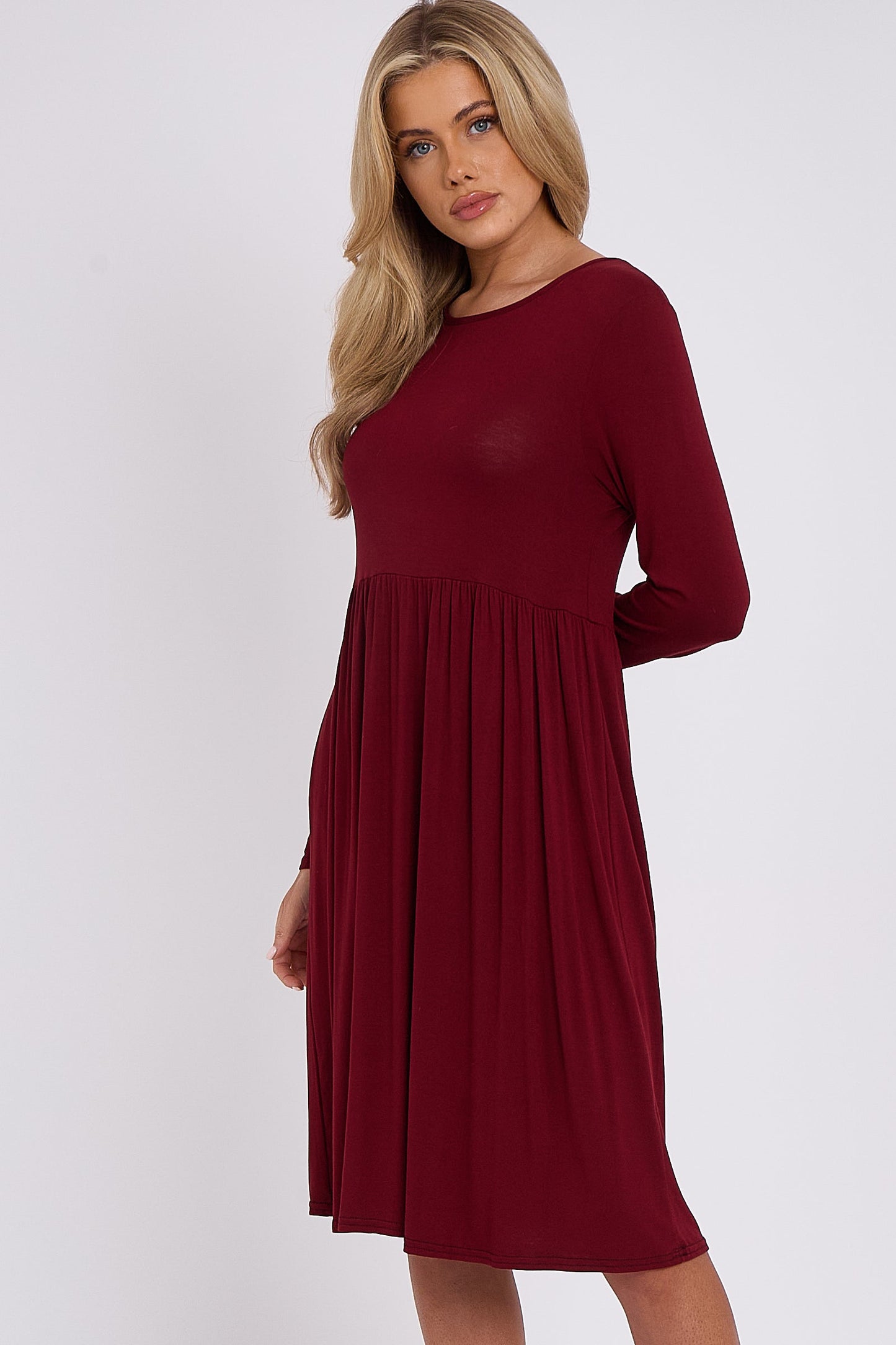 Wine Long Sleeve Gathered Waist Dress-1