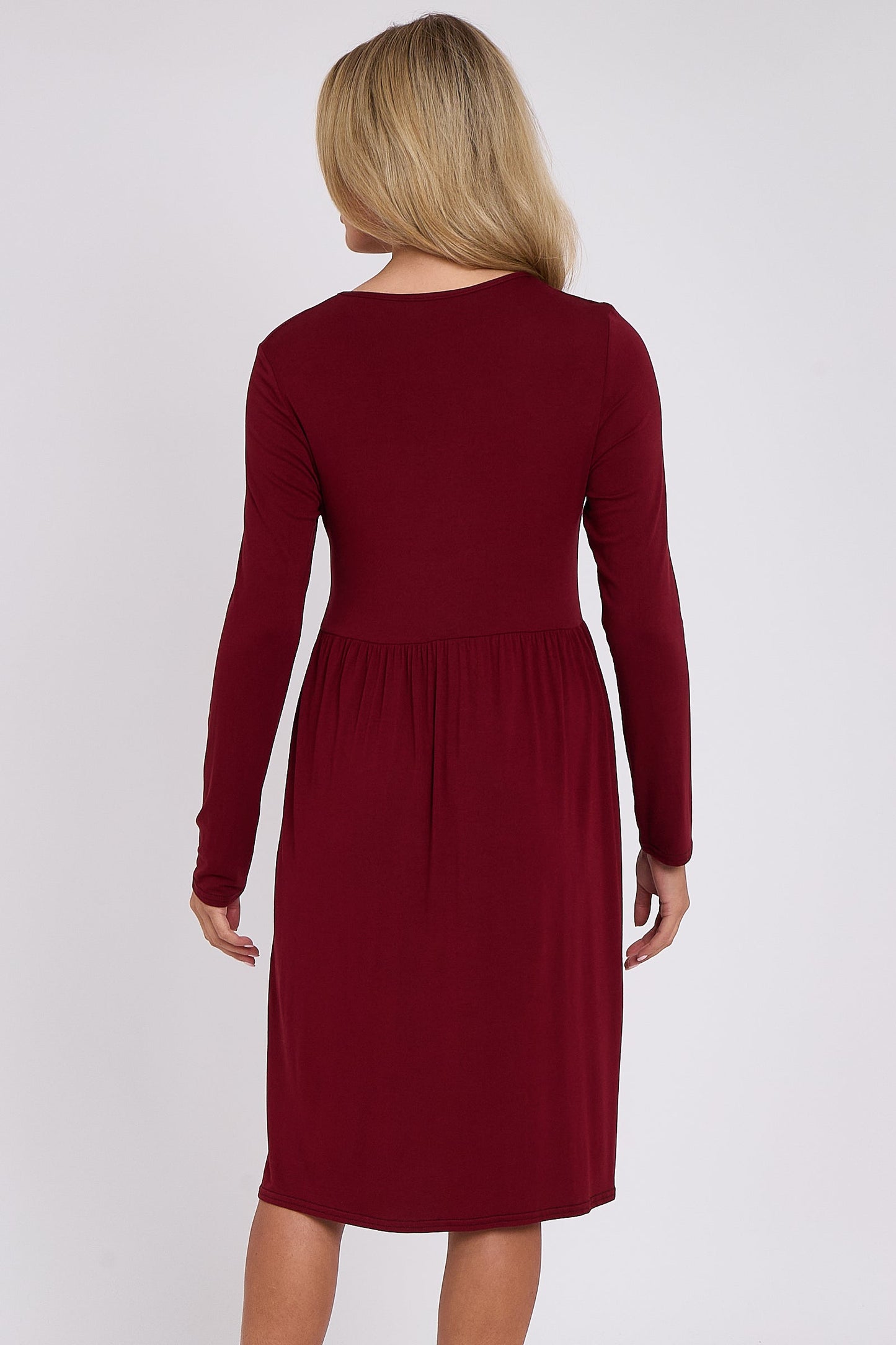 Wine Long Sleeve Gathered Waist Dress-3